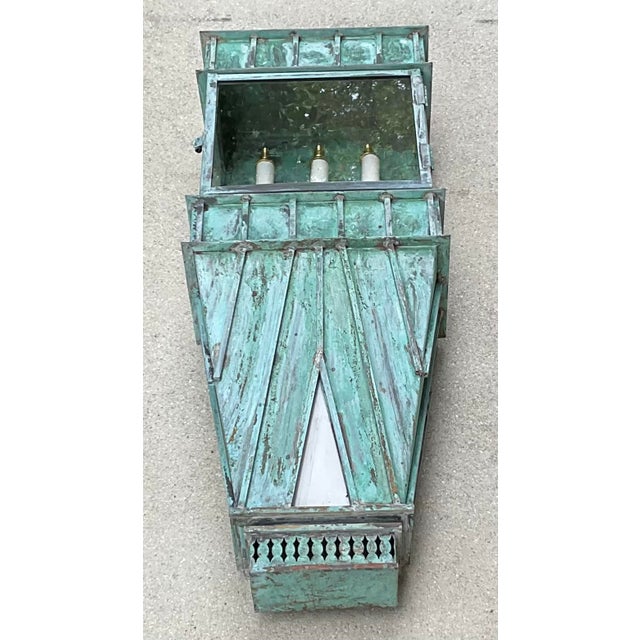 Single Monumental Art Deco Style Verdigris Copper & Brass Wall Lantern For Sale In Miami - Image 6 of 14