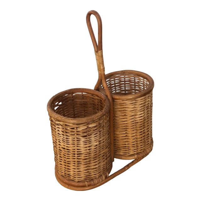 Vintage French Wicker Double Wine Bottle Holder For Sale