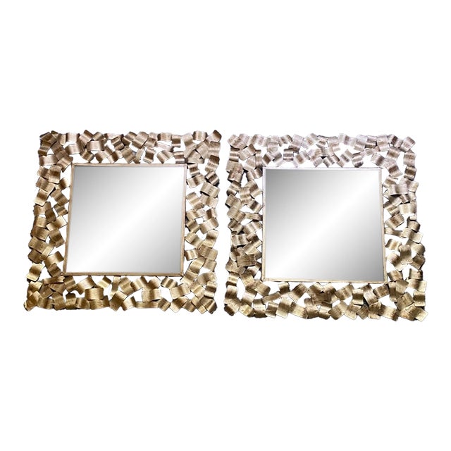 Contemporary Gold-Tone Messed Metal Wall Mirror 2 Modern Capulin Mirrors, Horchow Style- Set of 2 For Sale