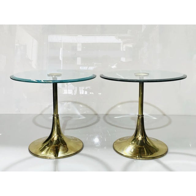 Charles Hollis Jones 1970s Pair of Charles Hollis Jones "Bugle" Base Side Tables in Brass & Glass For Sale - Image 4 of 13