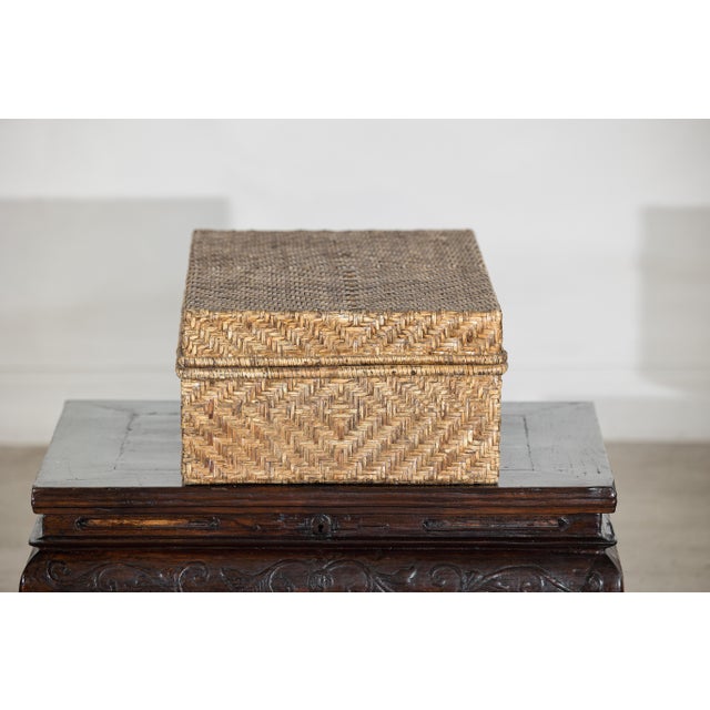 Wood Vintage Country-Style Rectangular Rattan Storage Box with Hinged Lid For Sale - Image 7 of 18