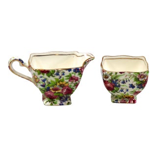Mid 20th Century Royal Winton Grimwades Summertime Chintz Pattern Creamer and Open Sugar Bowl For Sale