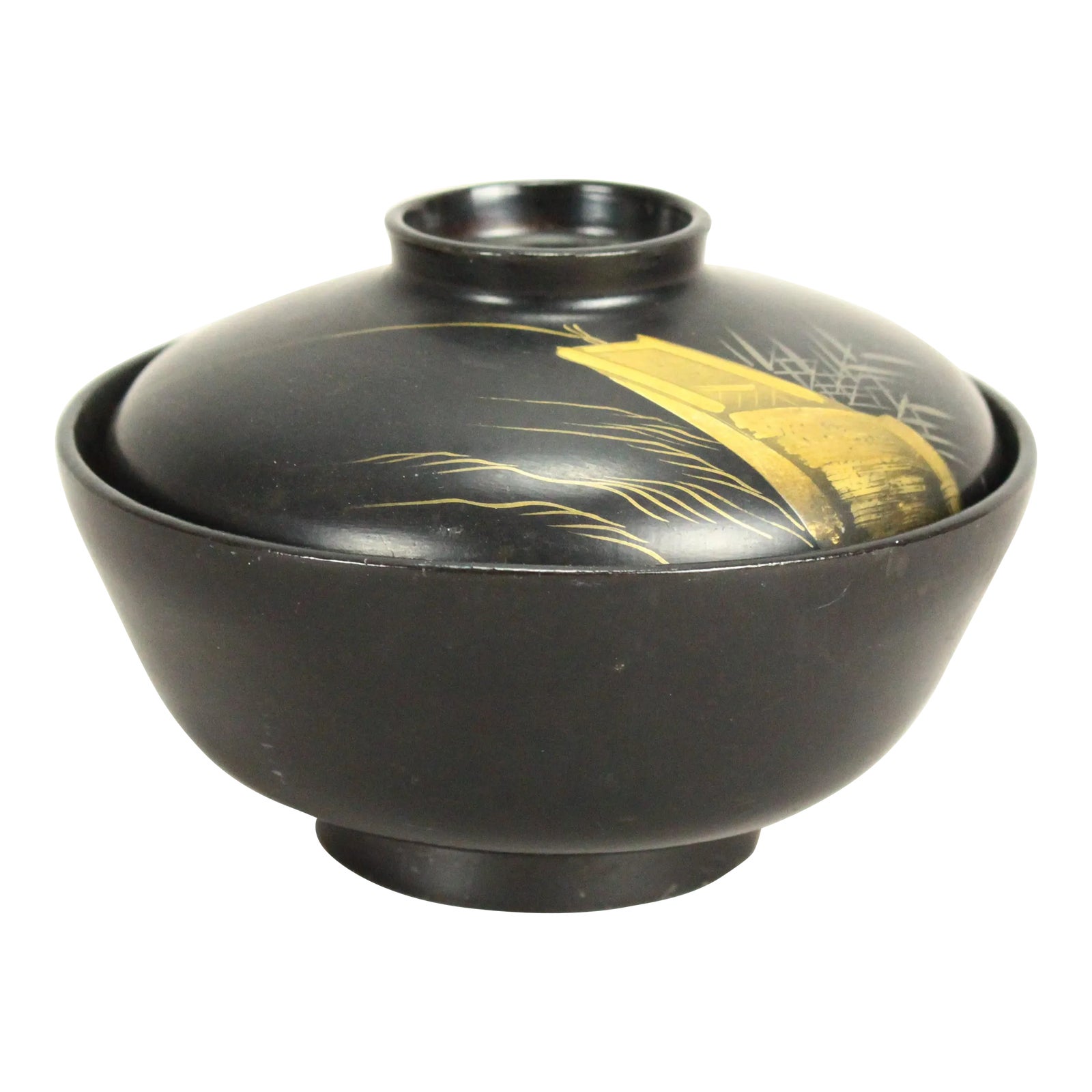 Early 1900s Japanese Black Lacquered Wood Rice Bowl With Lid, Gild ...