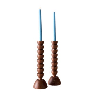 "Albert" Hand Turned Black Walnut Candle Holders by Lostine, Set of 2 For Sale