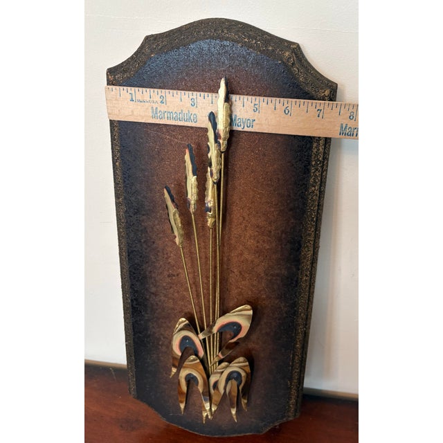Brown Vintage Brutalist Brass Cattail Wall Sculpture on Shield Plaque, 1970s Hollywood Regency For Sale - Image 8 of 8