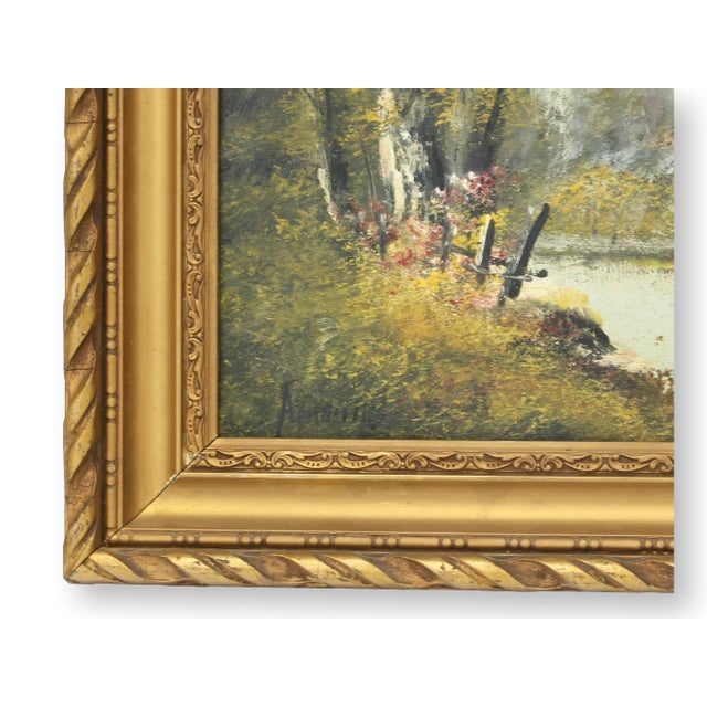 French Provincial Signed French Woodland Pond Oil Painting For Sale - Image 3 of 4