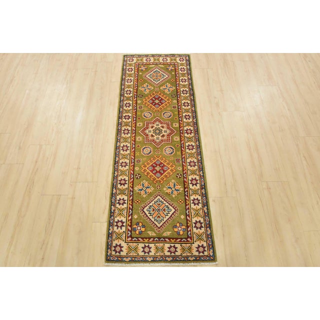 Farmhouse Kazak Runner 2’1” X 5’11” Green Wool Tribal Hand-Knotted Oriental Rug For Sale - Image 3 of 10