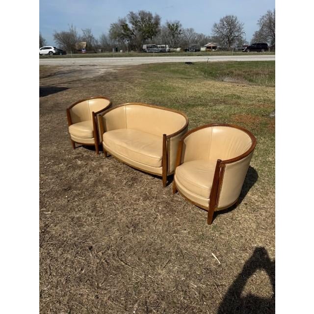 1940s 1940s French Art Deco Leather Solid Mahogany Barrel Back Club Chairs and Settees - A Set of 3 Piece For Sale - Image 5 of 17