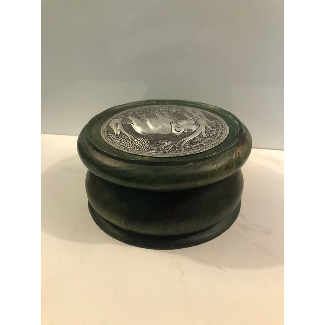 Green Round Green Wood Box With Elephant Tin Accent For Sale - Image 8 of 10
