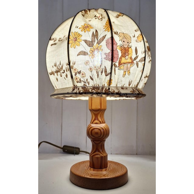 1970s Vintage Turned Pine Table Lamp with Fabric Shade, 1970s For Sale - Image 5 of 8
