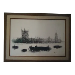 1960s Mid Century Fritz Ketz Abstract Oil Painting London Tower Thames River, Framed