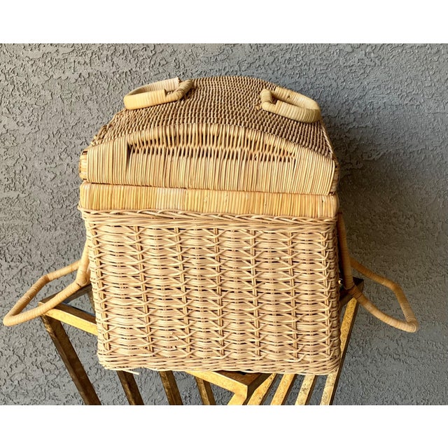Circa 1970 Coastal Chic Nicely-Sized Decorative Rattan Sewing Basket With Folding Latch Handles For Sale - Image 4 of 15