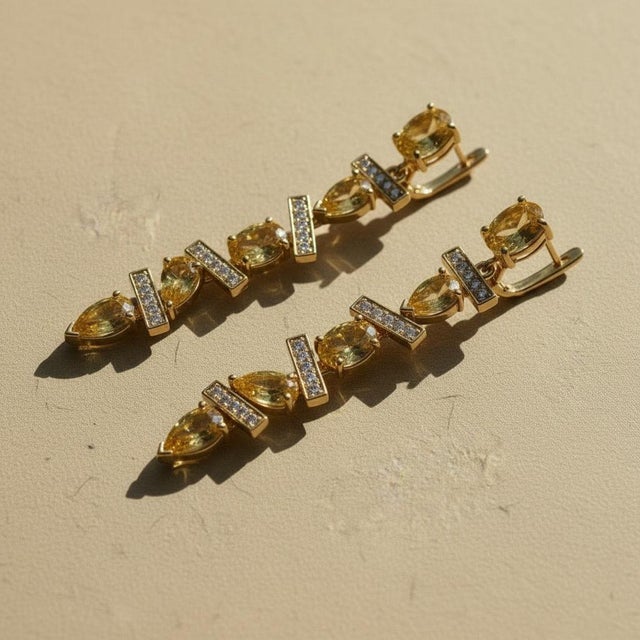 Metal Modern Geometric Citrine Drop Earrings, Silver, Gold, Pair For Sale - Image 7 of 8