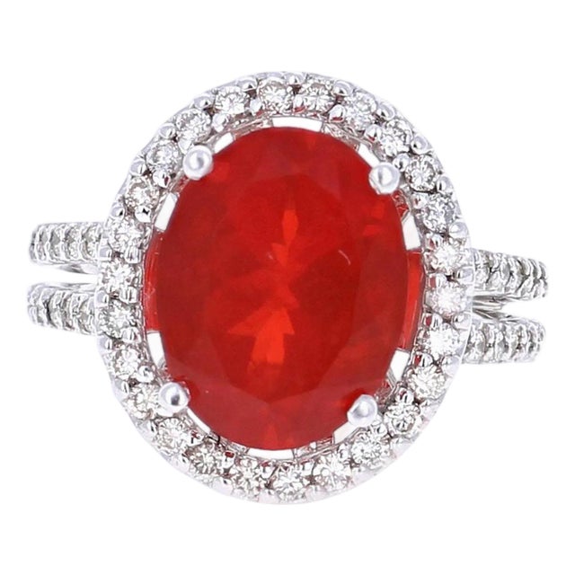 4.75 Carat Fire Opal Diamond Cocktail White Gold Ring, Size 6.5 For Sale