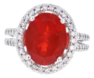 4.75 Carat Fire Opal Diamond Cocktail White Gold Ring, Size 6.5