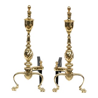 Vintage Georgian Style Polished Brass Andirons—A Pair For Sale