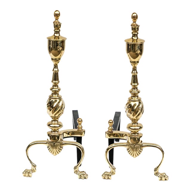 Vintage Georgian Style Polished Brass Andirons—A Pair For Sale