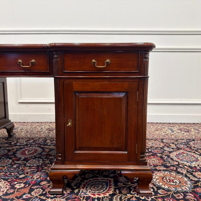 English Partner Desk with Green Leather For Sale - Image 11 of 18