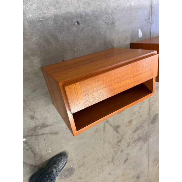 Brown Mid 20th Century Danish Modern Teak Floating Nightstands – Mid Century Modern Wall-Mounted Pair For Sale - Image 8 of 10