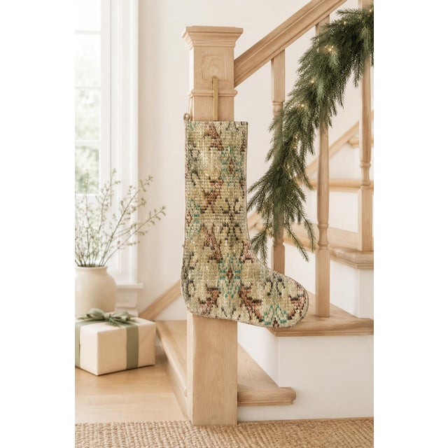 American 31 X 45 Cm Vintage Kilim Christmas Stocking, Sage Green Handwoven Wool Boho Xmas Decor, One of a Kind Turkish Rug Stocking, Rustic Holiday Gift For Sale - Image 3 of 6