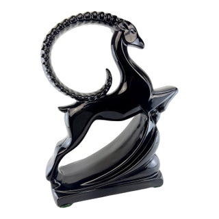 Mid Century Art Deco Style Black Ram Sculpture With Dramatic Curled Horns For Sale