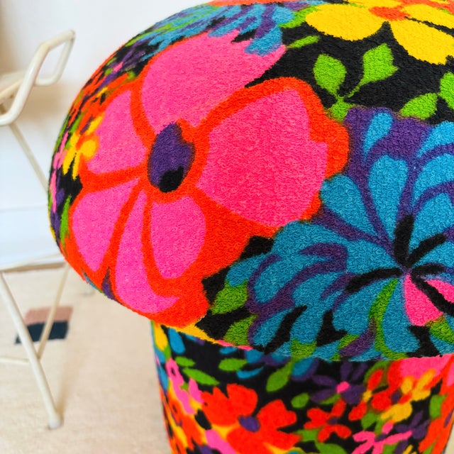Mushroom Ottoman in Colorful Floral Mid Century Vintage Fabric For Sale - Image 9 of 15