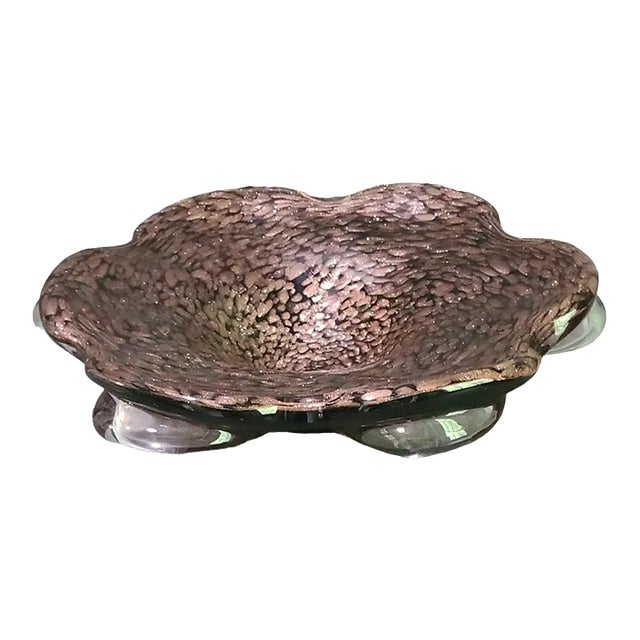 Vintage Murano Art Glass Flower Shaped Bowl Blum Purple Color Copper Dust Original Label For Sale