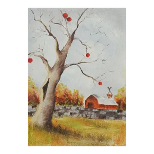 Small 1990s Farm Landscape Red Barn Apple Tree Painting