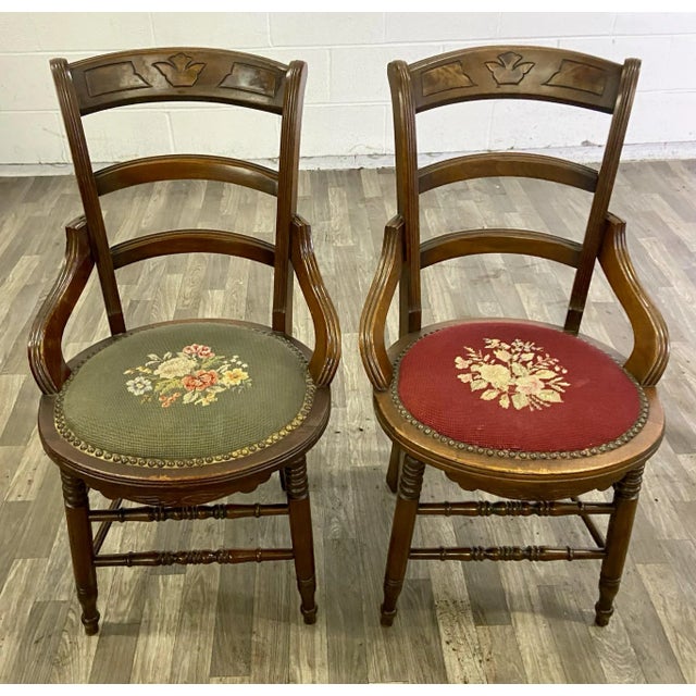 Victorian Antique 19th Century Victorian Needlepoint Ladderback Chairs - Pair For Sale - Image 3 of 13
