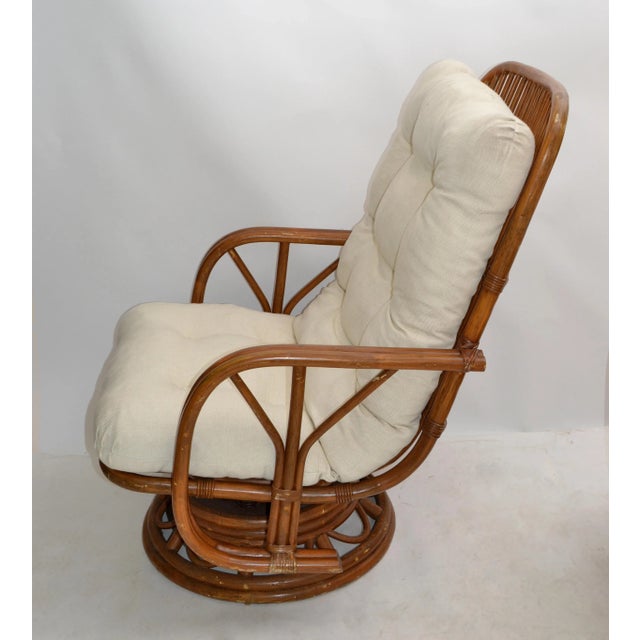 Wood Vintage Bamboo & Wicker High Back Lounge Chair Beige Linen Upholstery - Pair For Sale - Image 7 of 13