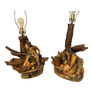 Vintage Rustic Cabin Apsit of California American Indian Scenes Chalk Lamps - Set of 2 For Sale