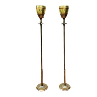 Hollywood Regency Brass Uplight Torchiere Floor Lamps - Pair For Sale