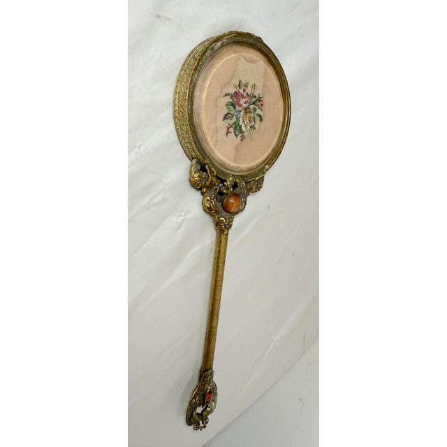 Large Antique 19th Century Gilt Bronze Petit Point Embroidery Vanity Hand Mirror For Sale - Image 4 of 14