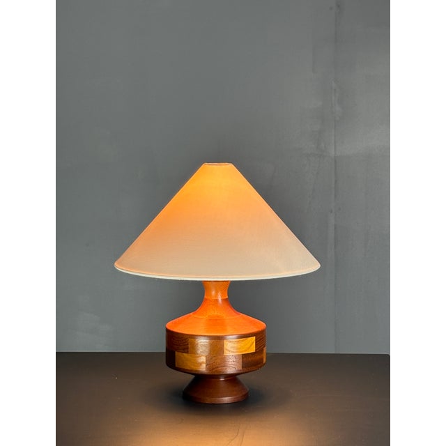 Wood Mid-Century English Teak Table Lamp with Geometric Wood Inlay, 1955 For Sale - Image 7 of 13