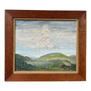 Vintage Primitive Impressionist Farm Landscape Oil Painting in Wood Frame