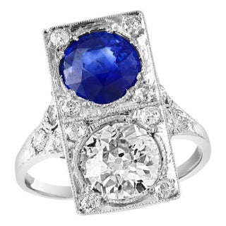 GIA CEYLON Blue Sapphire & Old Minor 3 CT Diamond Cocktail Ring Platinum Estate For Sale