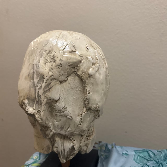 1930s Early 20th Century Hand-Sculpted Figurative Plaster Bust on Wooden Base For Sale - Image 5 of 12