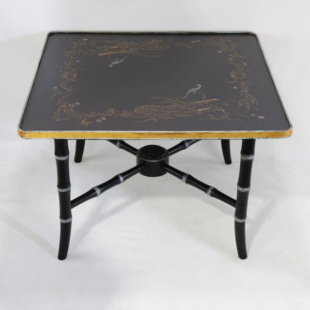 Pair of Vintage Black Lacquer Chinoiserie Side Tables With Gilt Peacock and Floral Motif For Sale - Image 16 of 17