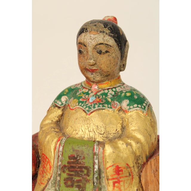 Pair of Chinese Wood Carved Polychrome and Gilt Decorated Figures For Sale - Image 10 of 12