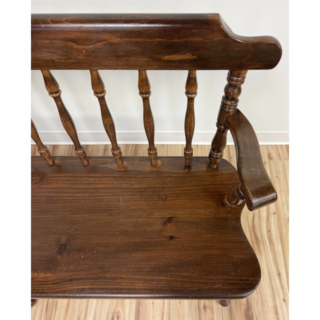 Brown Vintage Ethan Allen Pine Wood Windsor Style Bench For Sale - Image 8 of 10