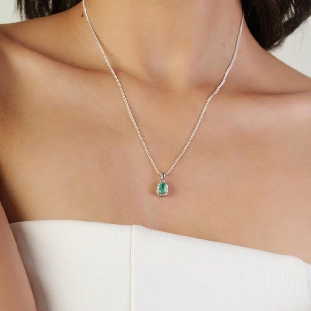 Not Yet Made - Made To Order Art Deco Inspired Radiant Emerald Halo Pendant in 925 Silver for Mothers Day Gift For Sale - Image 5 of 10