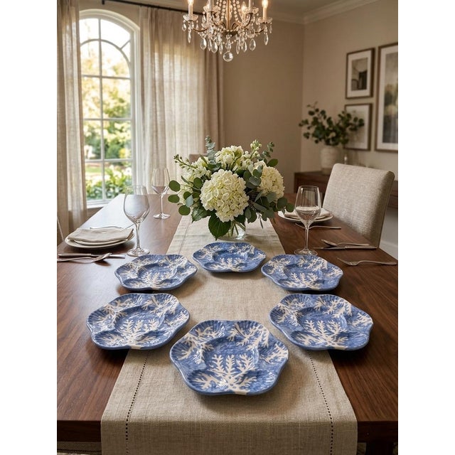 Ceramic Italian Les Ottomans Hand-Painted Blue Coral Oyster Plates - Set of 6 For Sale - Image 7 of 8