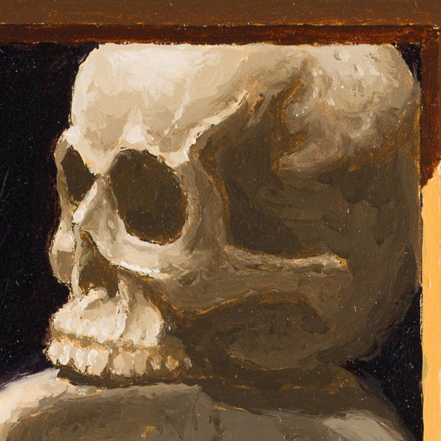 Double Talk by Shawn Sullivan | Oil Painting of a bird in front of stacked skulls For Sale - Image 4 of 5