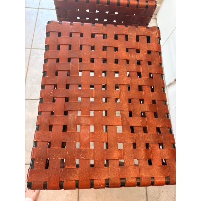 Brown Vintage Woven Saddle Leather Bar Stools - A Pair For Sale - Image 8 of 13