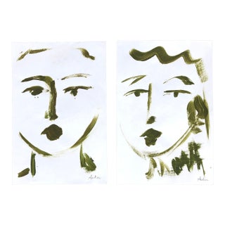 CL Auker Original Paintings “Faces in Olive” Diptych on Paper For Sale