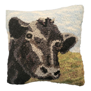 Cow Pillow - Hand Rug Hooked by Designer - 100% Wool