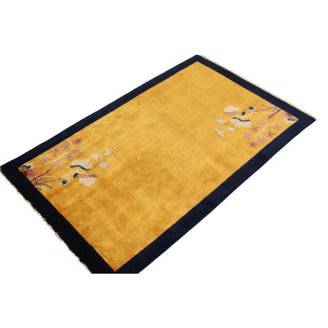 Art Deco Vintage Chinese Deco Style Rug in Gold, Navy Border, Bright Floral Patterns For Sale - Image 3 of 6