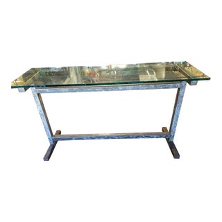 Contemporary Modern Style Brushed Steel Truss Base Glass Top Elongated Raised Rectangular Table (20th./21st Century) For Sale