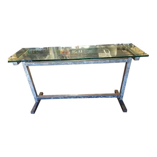Contemporary Modern Style Brushed Steel Truss Base Glass Top Elongated Raised Rectangular Table (20th./21st Century) For Sale