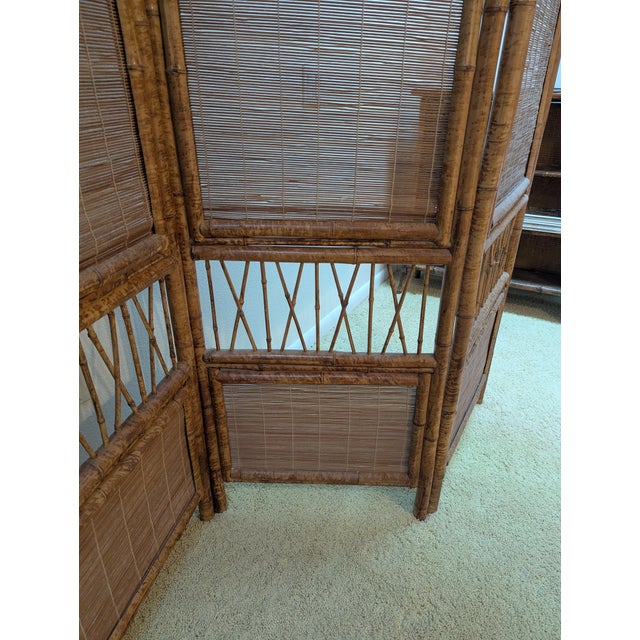 Boho Chic Vintage 6-Panel Bamboo Rattan Folding Room Divider Screen Arched Fan Top 1970's For Sale - Image 3 of 10